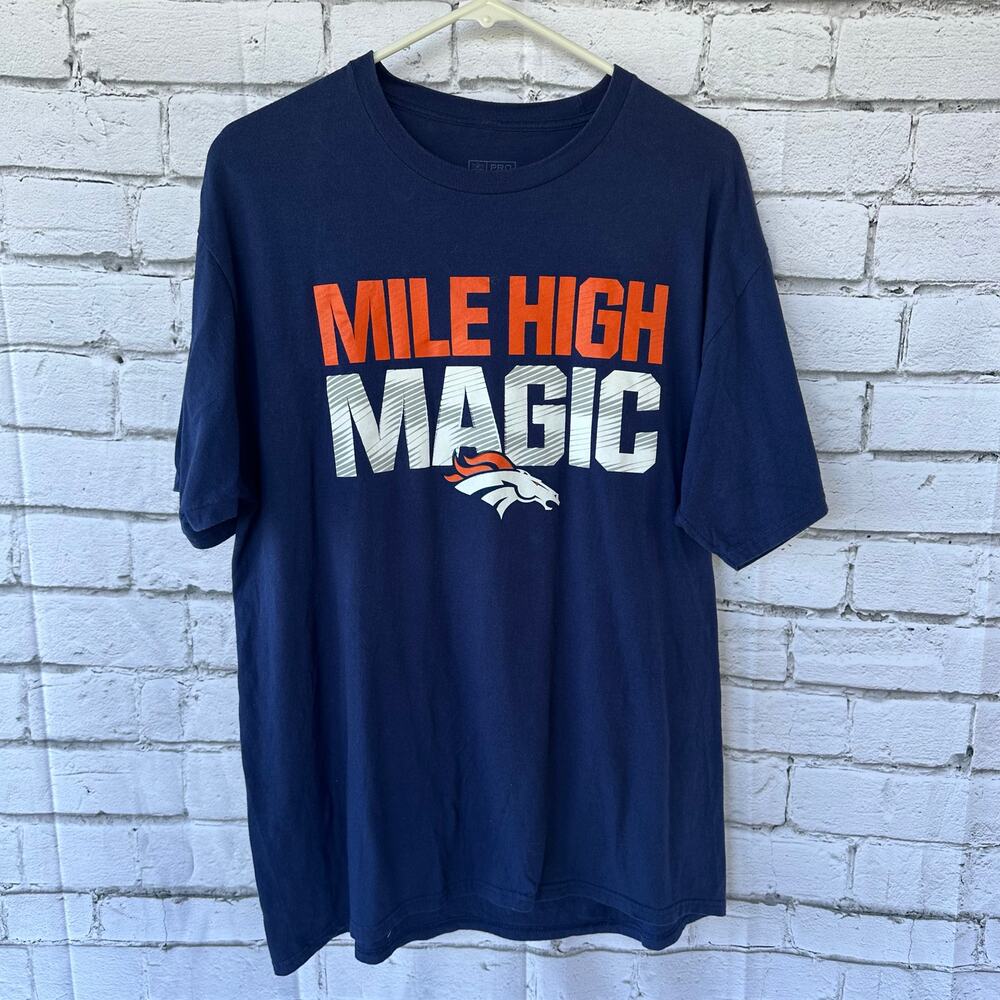 Preowned Denver Broncos Mile High Magic Fanatics Navy Blue Tee Size Large Cotton